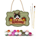 Christmas cat welcome paint by numbers door hanger with paints and brushes