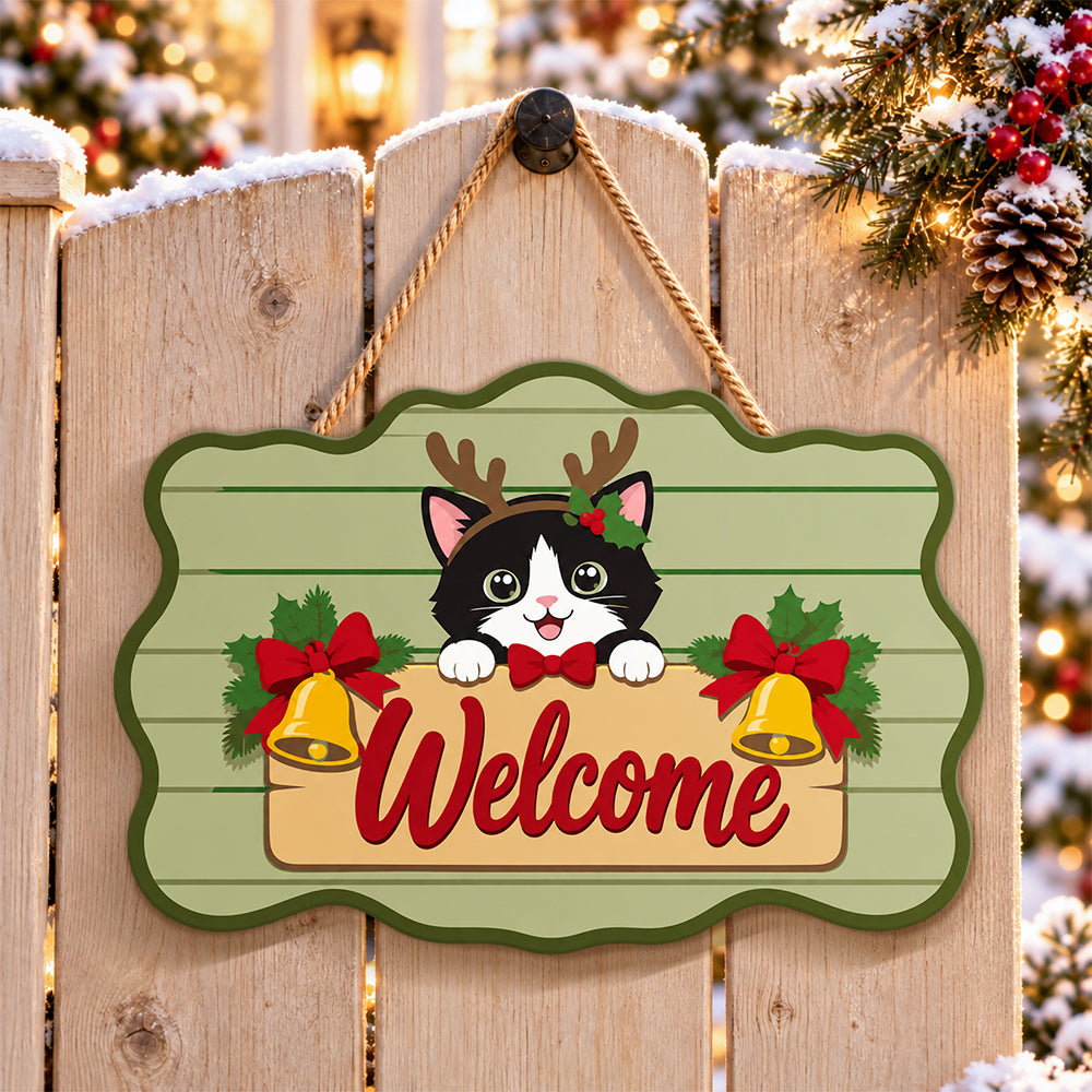 Christmas cat welcome paint by numbers door hanger on a garden gate