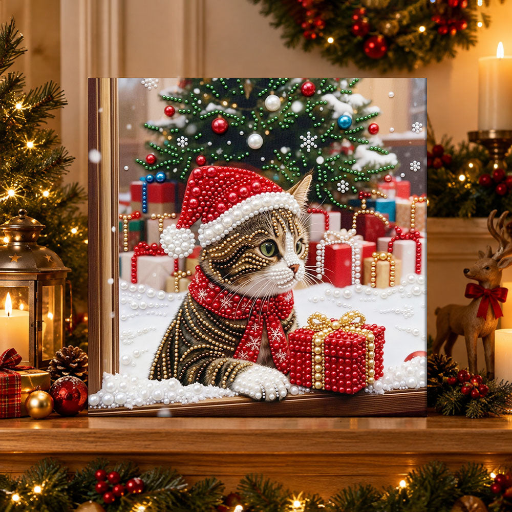Finished christmas cat with gift box pearl diamond painting artwork displayed as holiday home decor