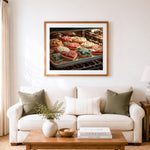 Finished christmas cookies in oven cross stitch artwork displayed as home decor