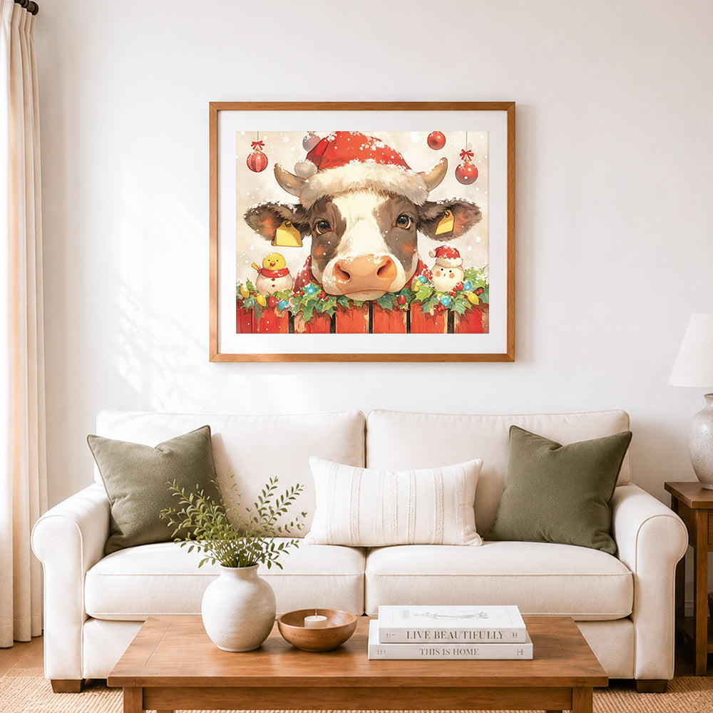 Finished christmas cow with festive decor cross stitch artwork displayed as home decor
