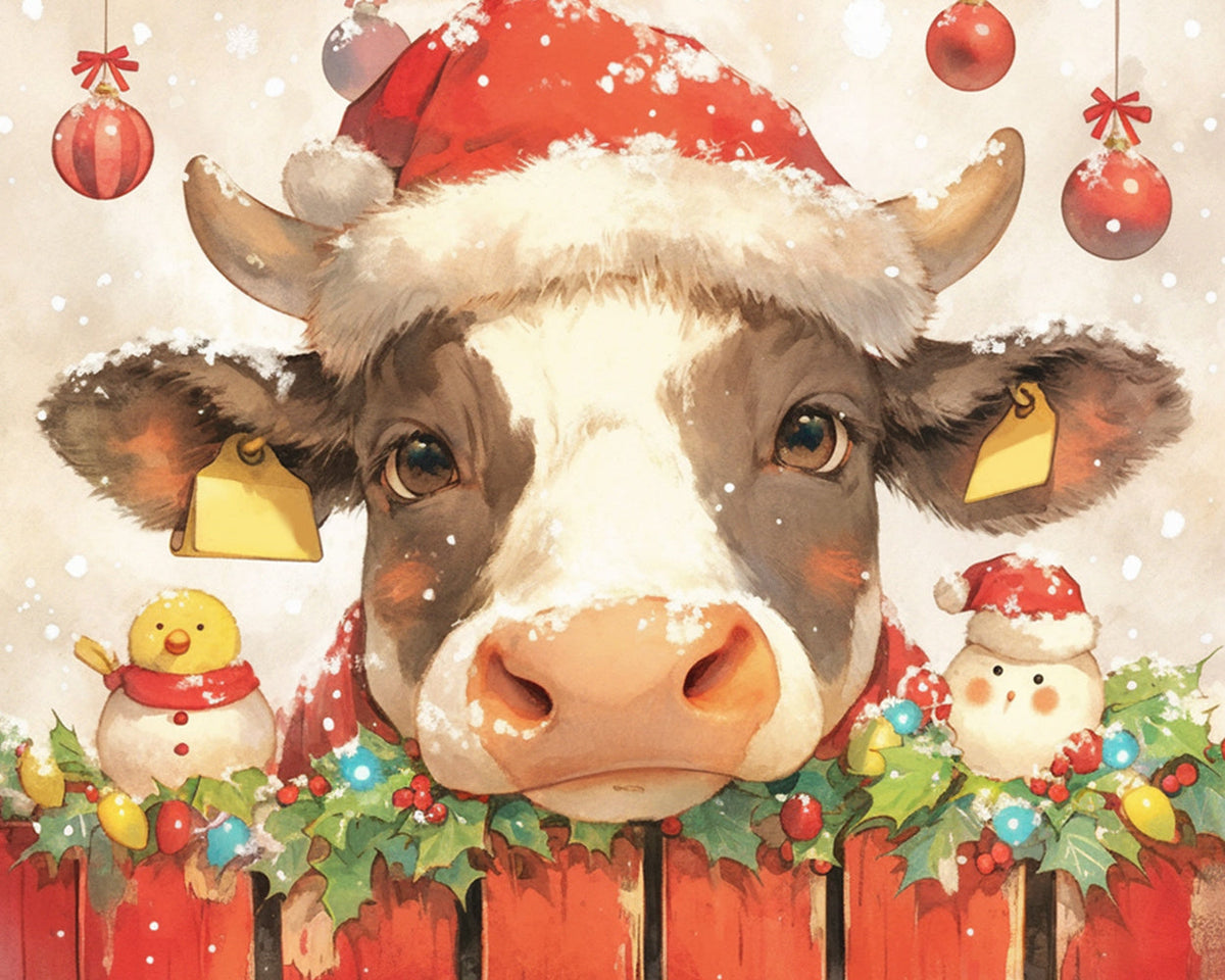 Christmas cow with festive decor cross stitch kit for beginners
