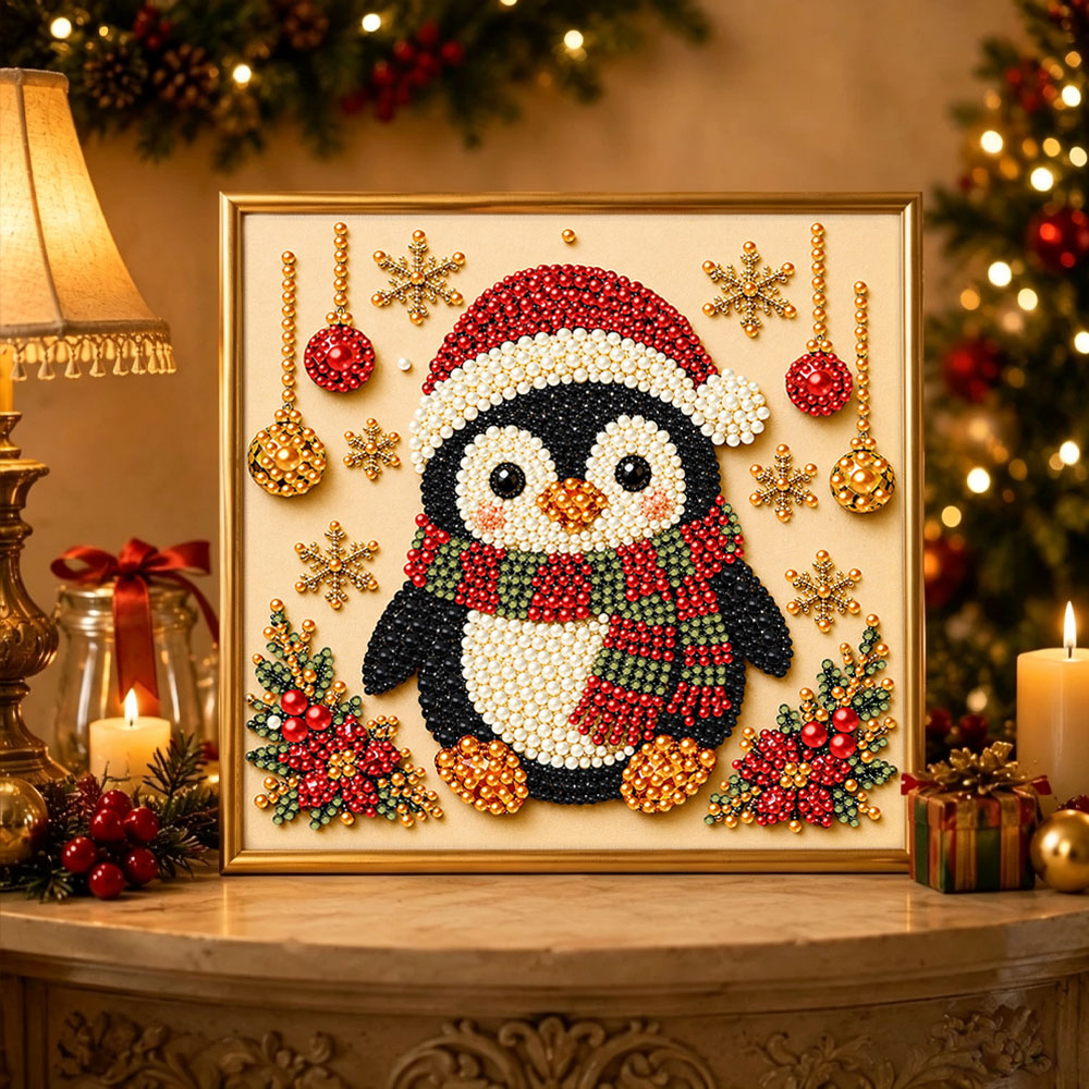 Finished christmas cozy penguin pearl diamond painting artwork displayed as holiday home decor