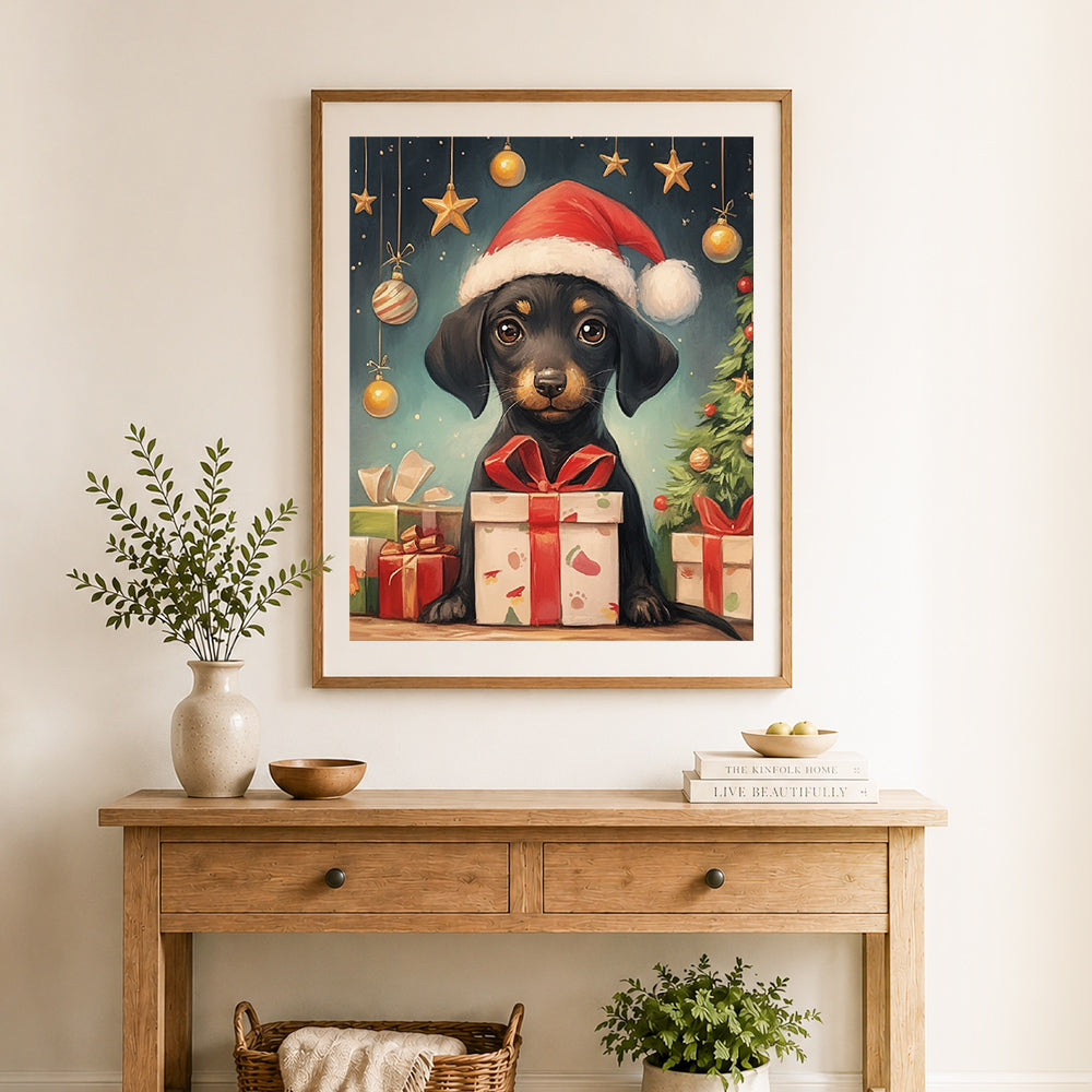 Finished christmas dachshund puppy cross stitch artwork displayed as home decor