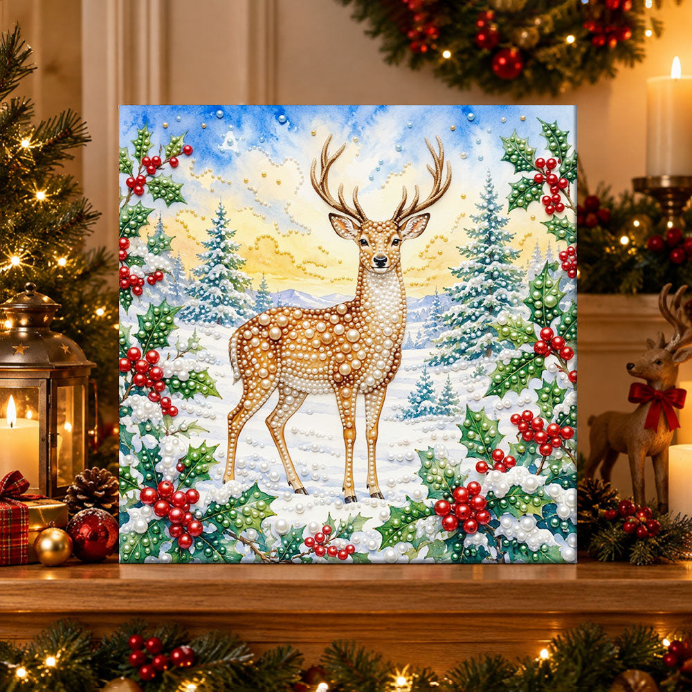 Finished christmas deer in winter forest pearl diamond painting artwork displayed as holiday home decor