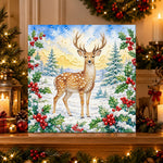 Finished christmas deer in winter forest pearl diamond painting artwork displayed as holiday home decor