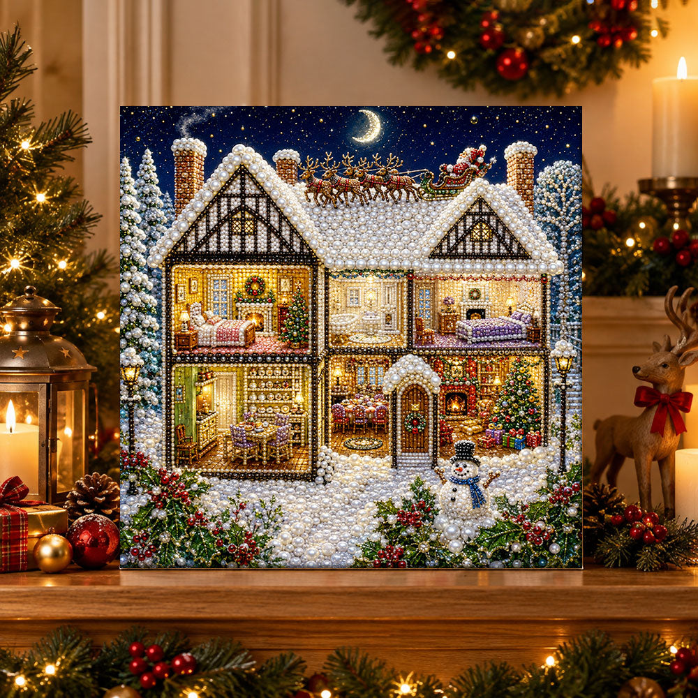 Finished christmas dollhouse at night pearl diamond painting artwork displayed as holiday home decor