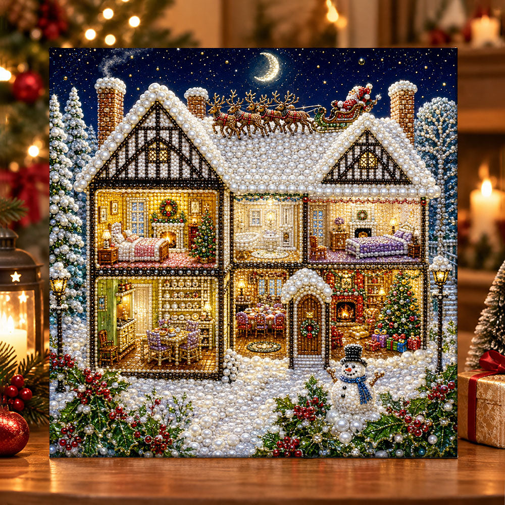 Christmas dollhouse at night pearl diamond painting kit for beginners