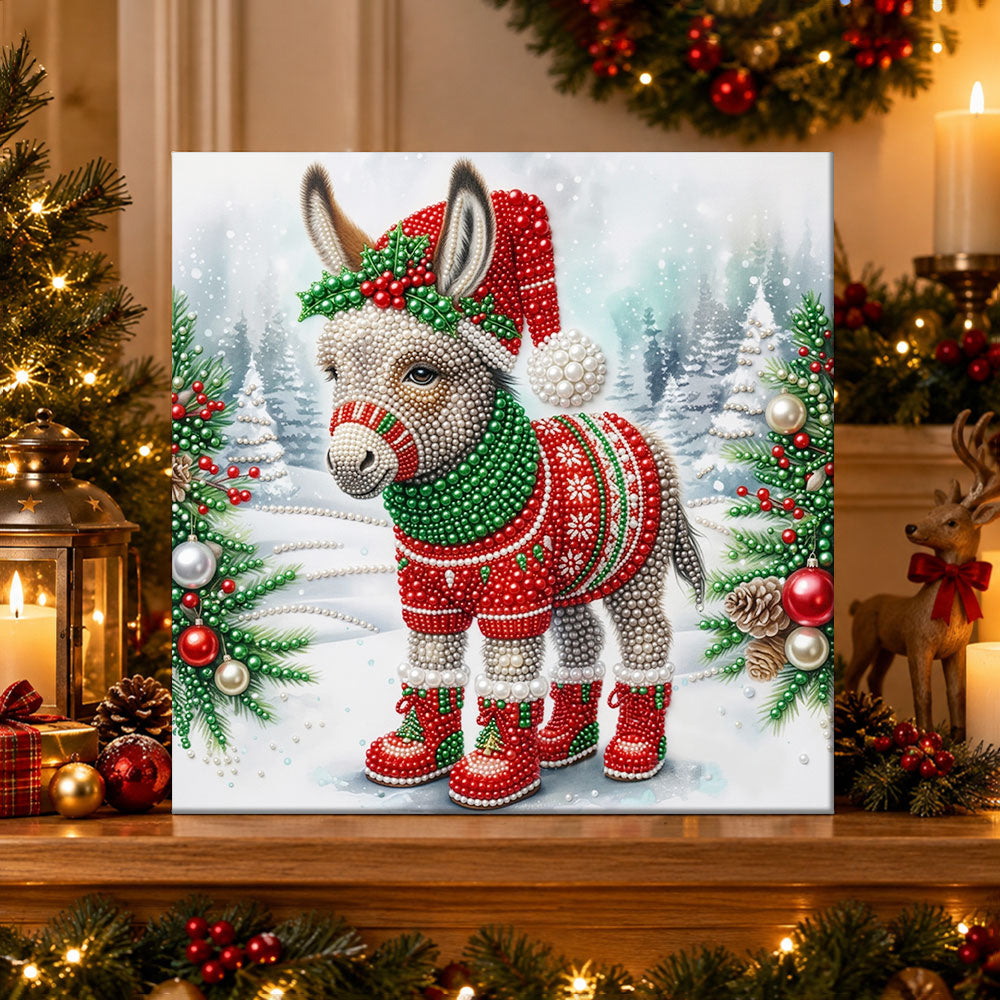 Finished christmas donkey in snow pearl diamond painting artwork displayed as holiday home decor