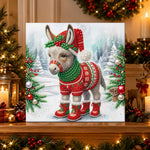 Finished christmas donkey in snow pearl diamond painting artwork displayed as holiday home decor