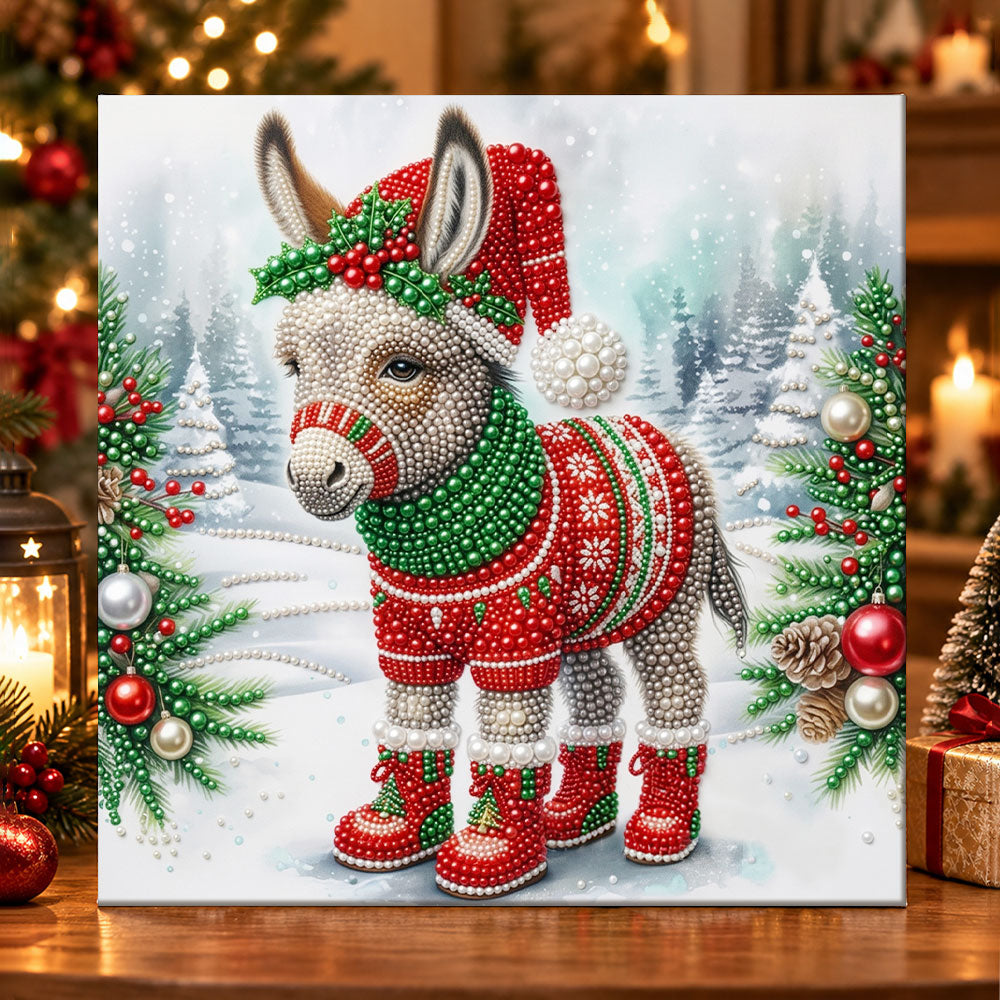 Christmas donkey in snow pearl diamond painting kit for beginners