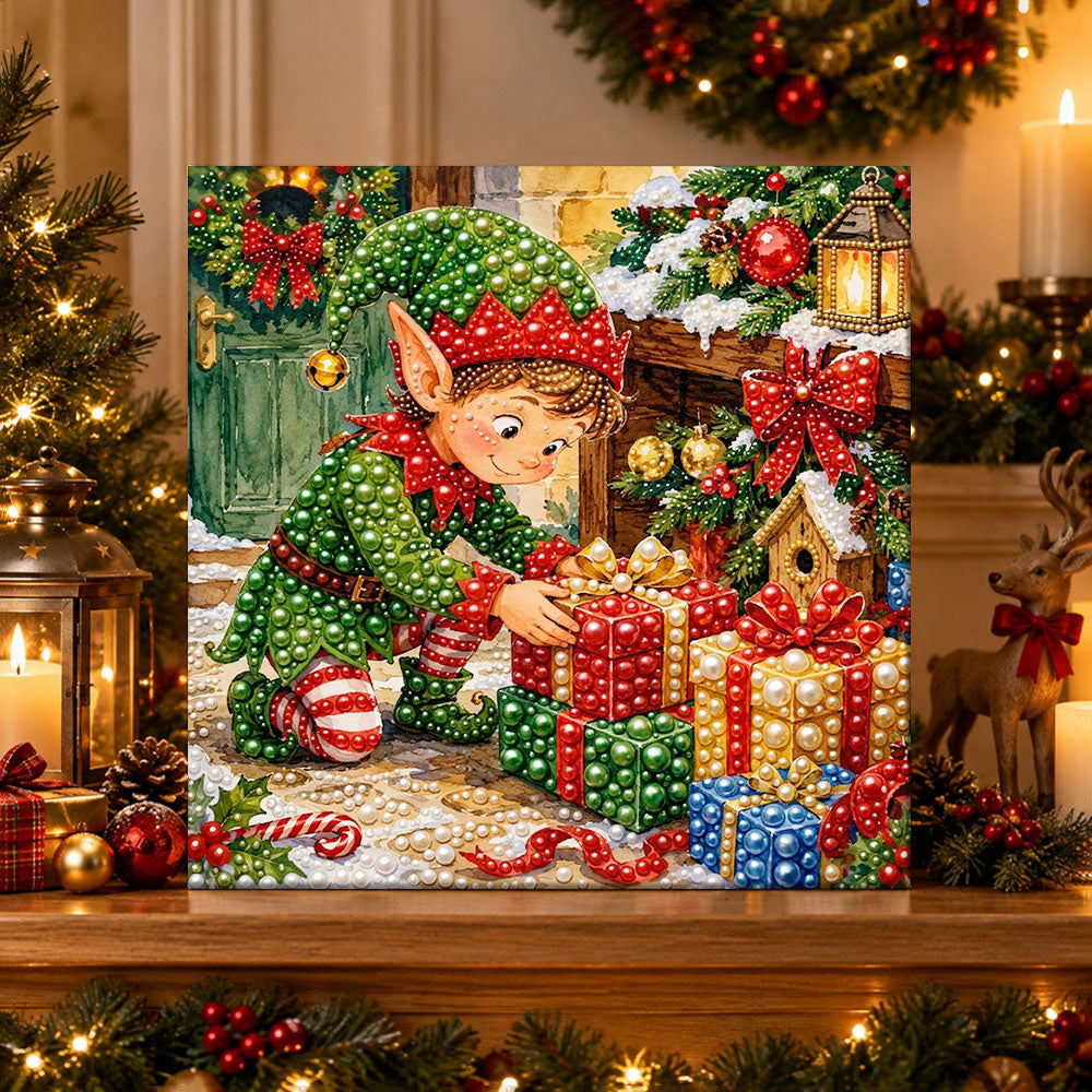 Finished christmas elf arranging gifts pearl diamond painting artwork displayed as holiday home decor