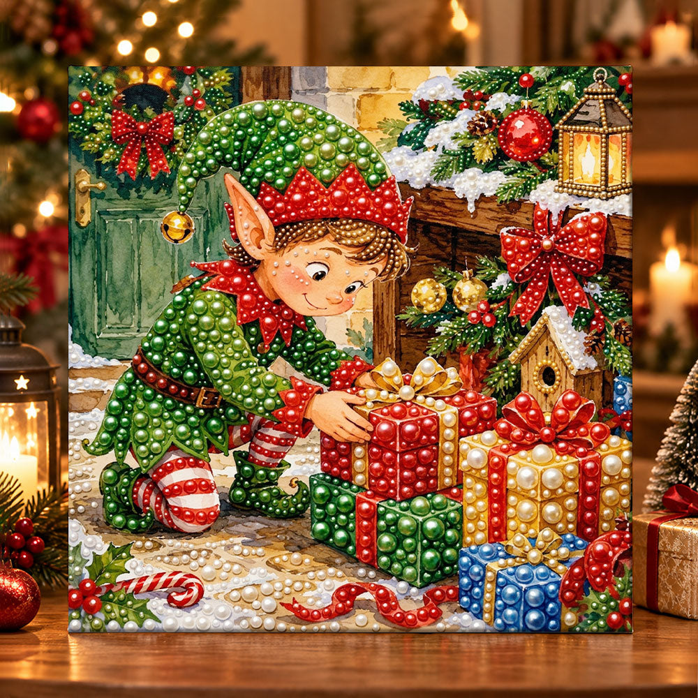 Christmas elf arranging gifts pearl diamond painting kit for beginners
