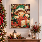 Finished christmas elf wrapping gift pearl diamond painting artwork displayed as holiday home decor