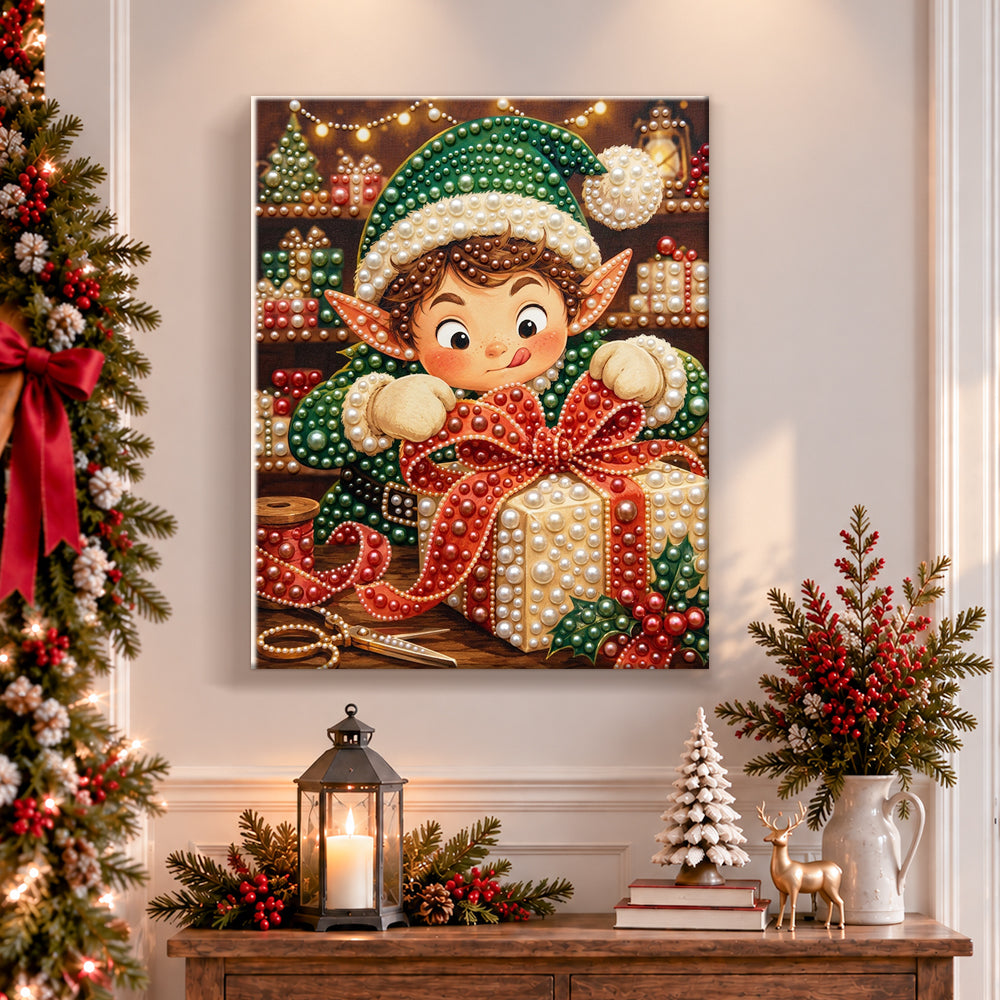 Finished christmas elf wrapping gift pearl diamond painting artwork displayed as holiday home decor