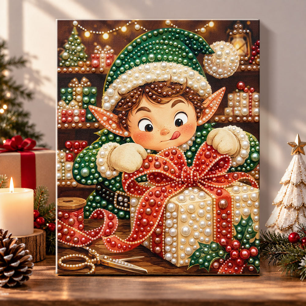 Christmas elf wrapping gift pearl diamond painting kit for beginners