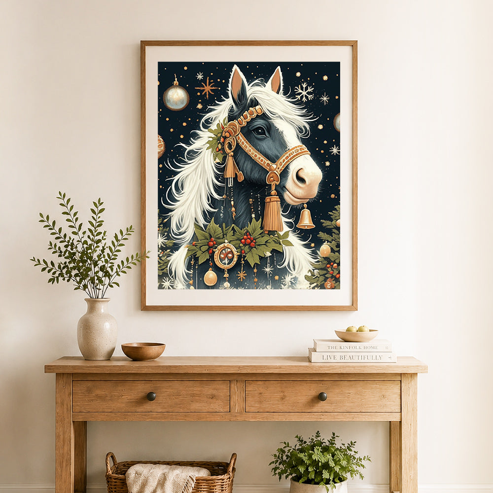 Finished christmas festive horse cross stitch artwork displayed as home decor