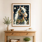 Finished christmas festive horse cross stitch artwork displayed as home decor