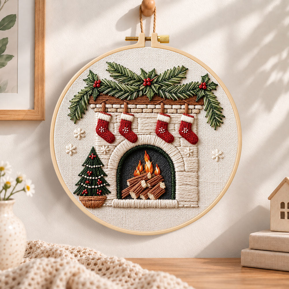 Christmas fireplace embroidery hoop wall art displayed as warm and cozy handmade home decor