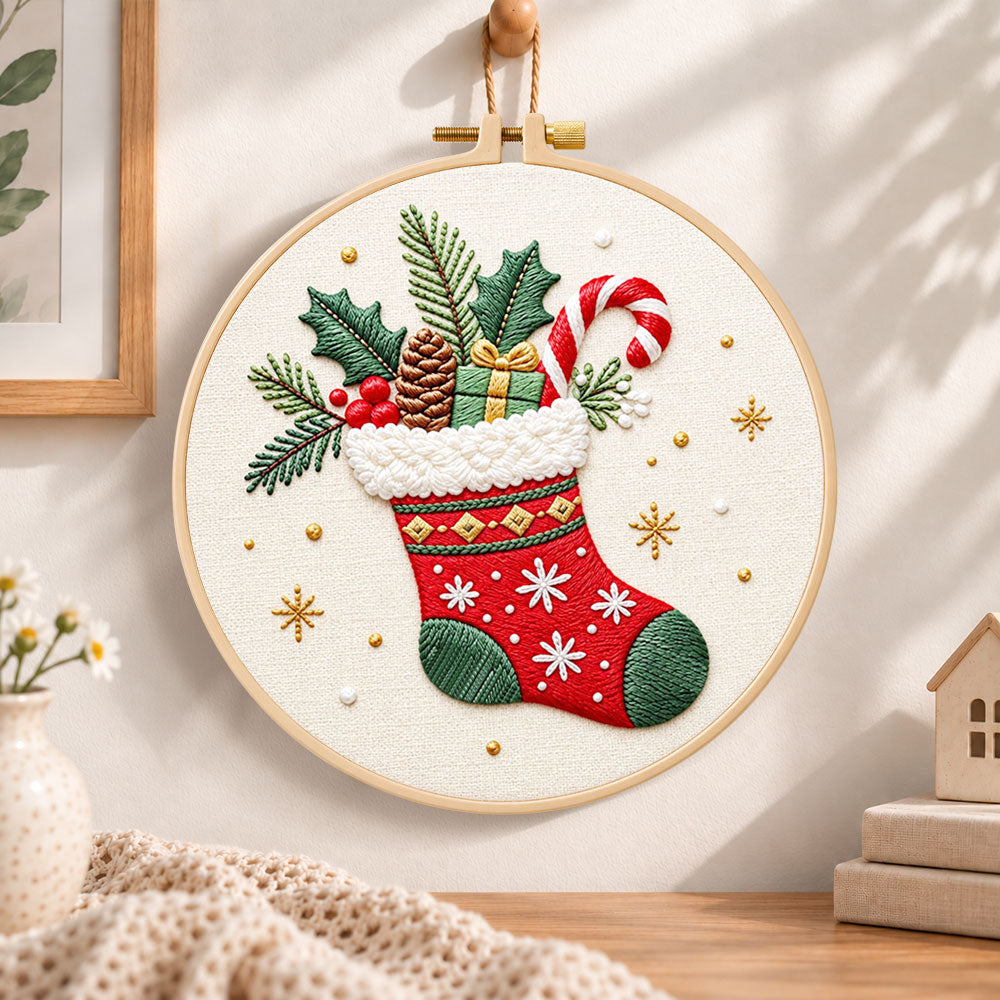 Christmas fireplace stocking embroidery hoop wall art displayed as warm and cozy handmade home decor