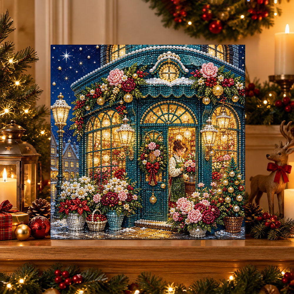 Finished christmas floral shop at night pearl diamond painting artwork displayed as holiday home decor