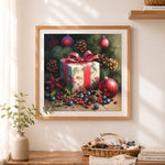Finished christmas gift and pinecones cross stitch artwork displayed as home decor