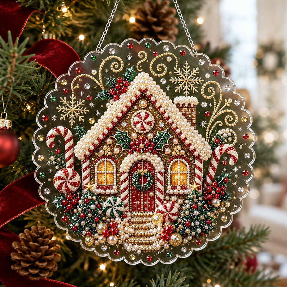 Finished christmas gingerbread house with candy canes pearl diamond painting artwork displayed as holiday home decor