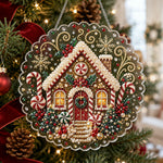 Finished christmas gingerbread house with candy canes pearl diamond painting artwork displayed as holiday home decor
