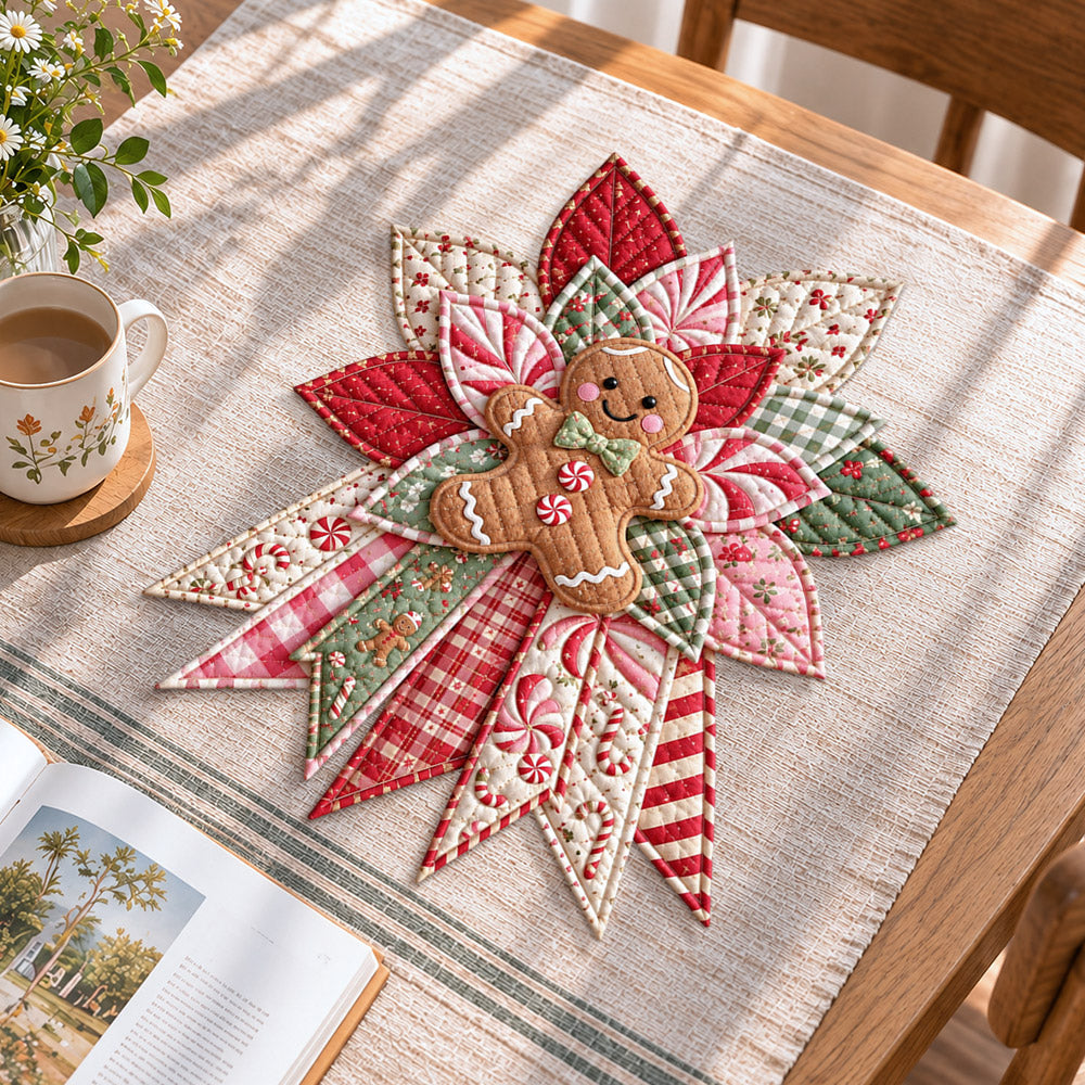 Christmas gingerbread handmade quilted bow displayed on a table as seasonal home decor