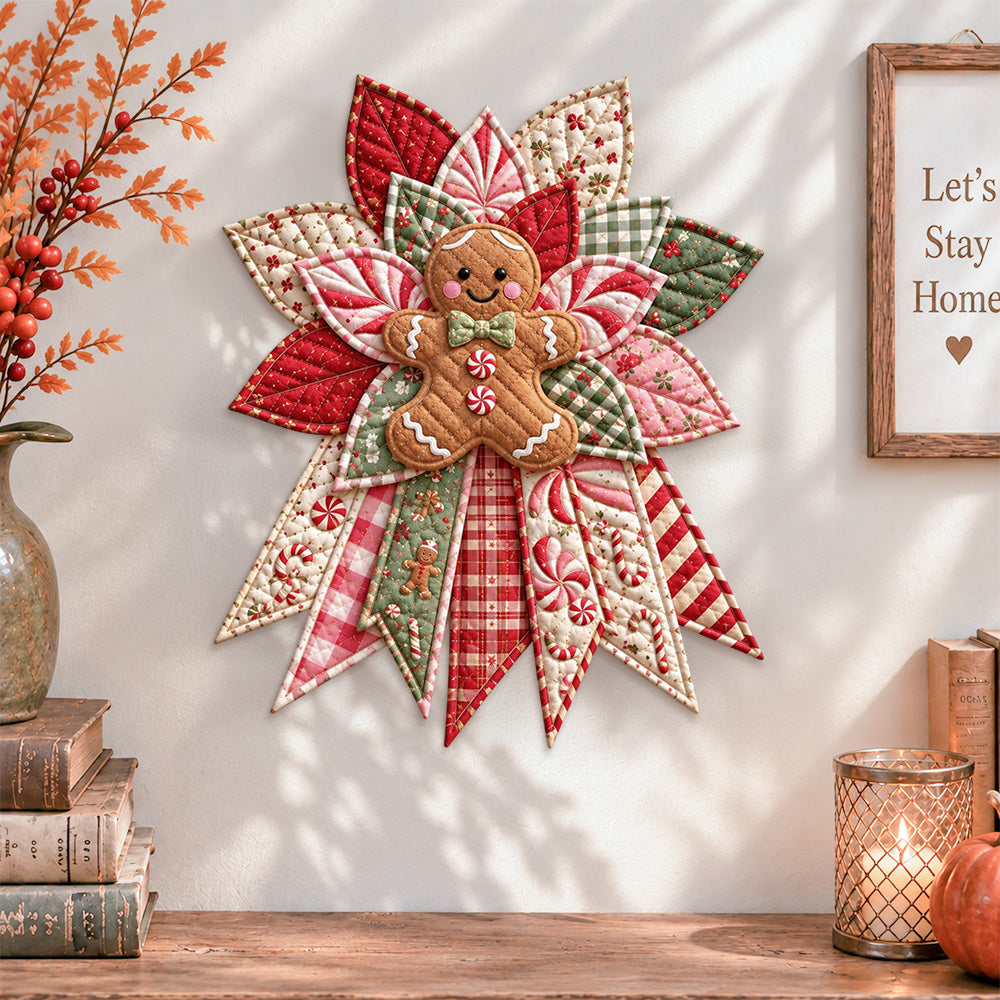 Christmas gingerbread quilted bow displayed as handmade wall decor in a cozy home