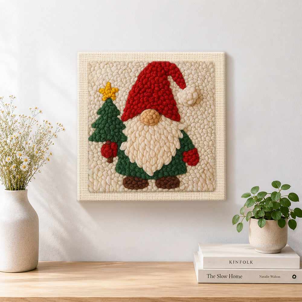 Finished christmas gnome and tree artwork displayed on a wall