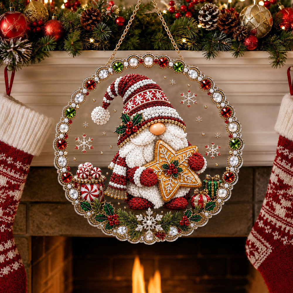 Finished christmas gnome holding a gingerbread star pearl diamond painting artwork displayed as holiday home decor