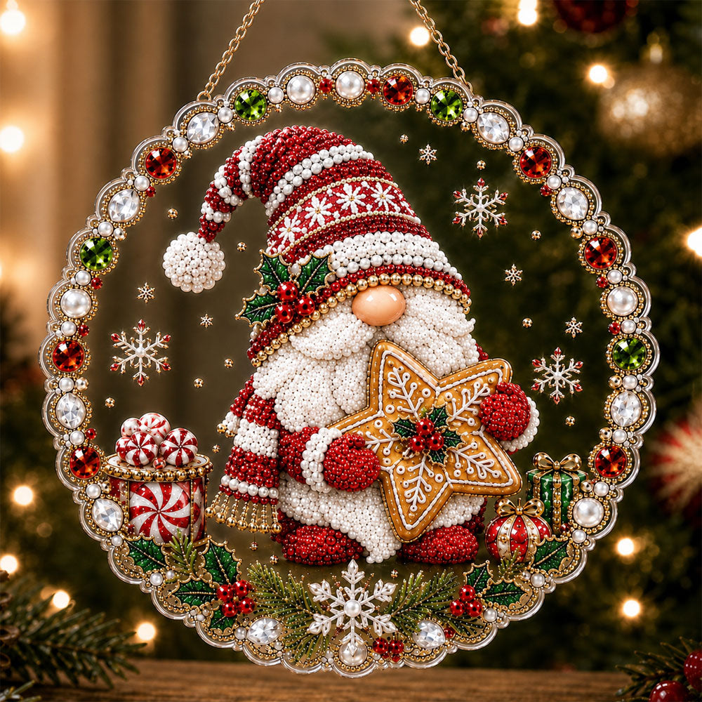 Christmas gnome holding a gingerbread star pearl diamond painting kit for beginners