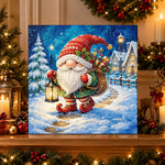 Finished christmas gnome with gift sack pearl diamond painting artwork displayed as holiday home decor