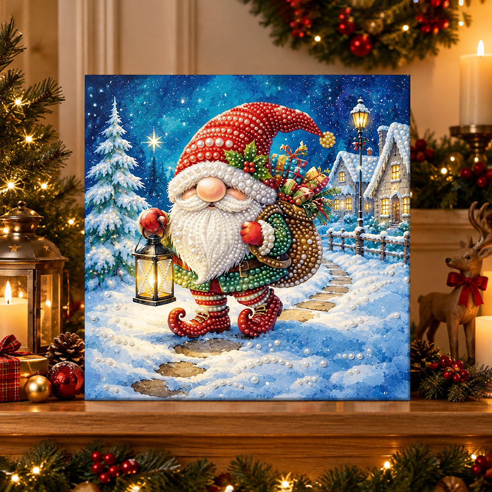Finished christmas gnome with gift sack pearl diamond painting artwork displayed as holiday home decor