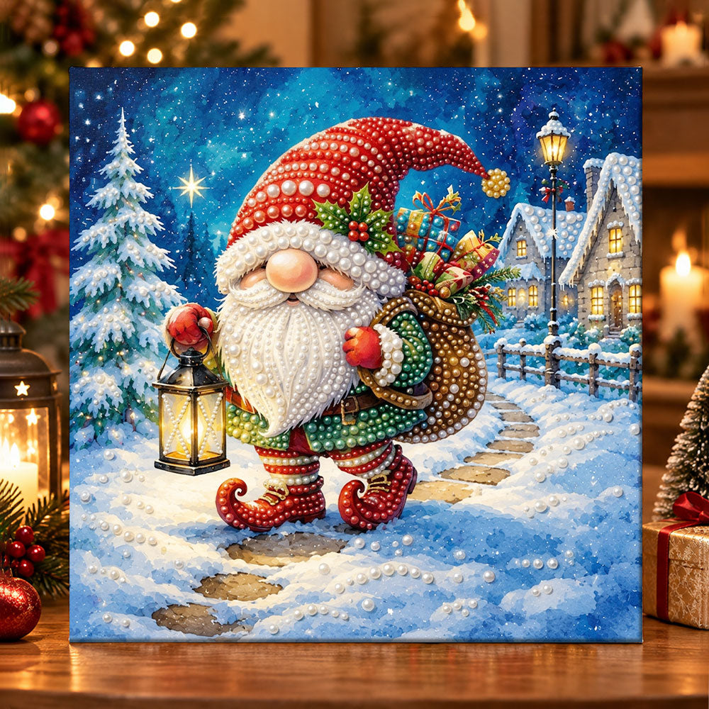 Christmas gnome with gift sack pearl diamond painting kit for beginners