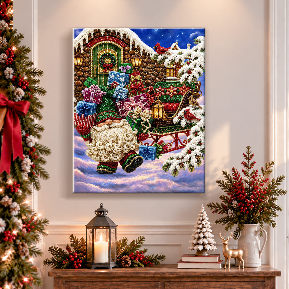 Finished christmas gnome with gift sleigh pearl diamond painting artwork displayed as holiday home decor