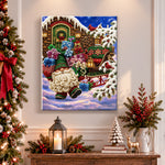 Finished christmas gnome with gift sleigh pearl diamond painting artwork displayed as holiday home decor