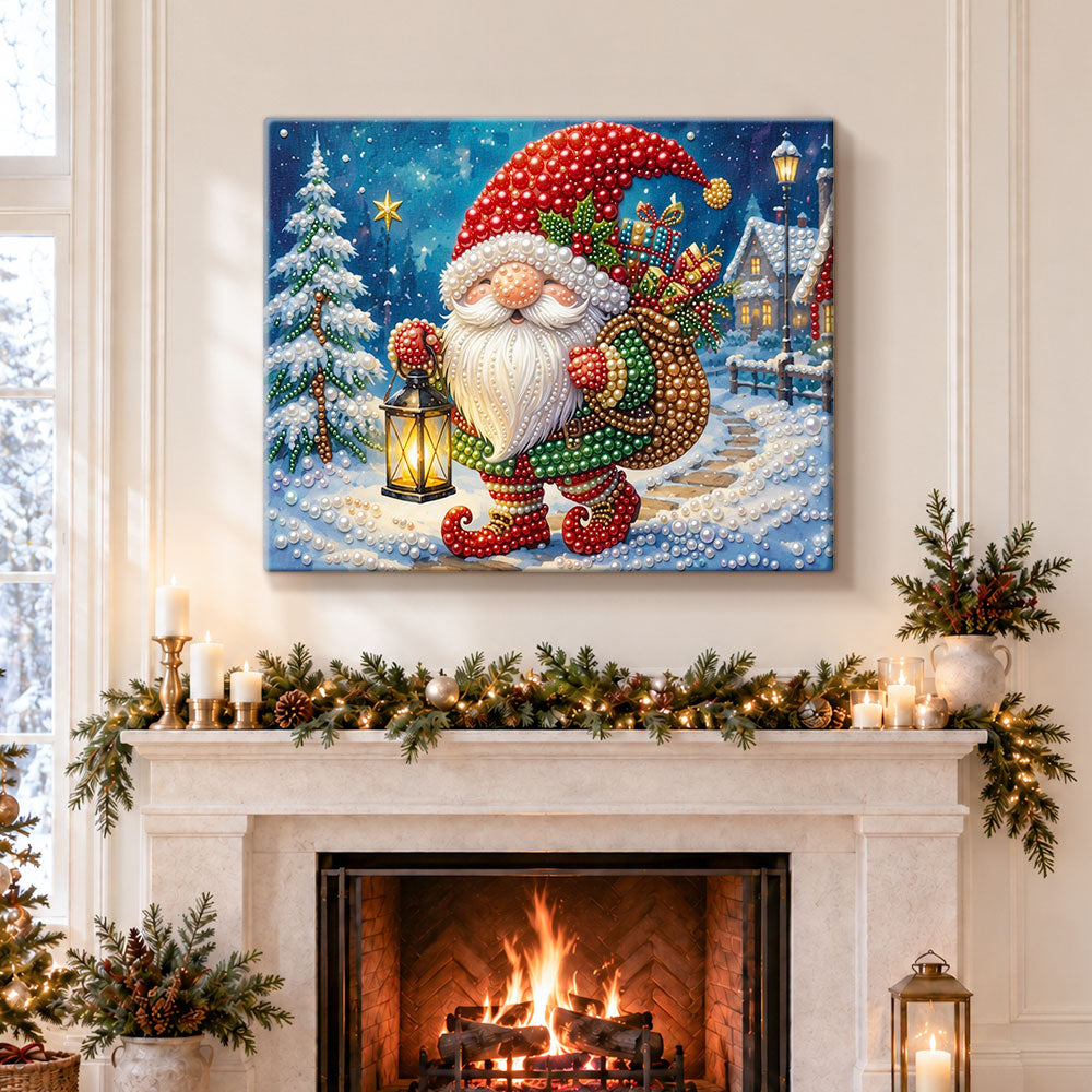 Finished christmas gnome with lantern pearl diamond painting artwork displayed as holiday home decor