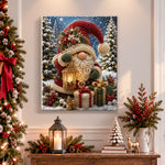 Finished christmas gnome with lit lantern pearl diamond painting artwork displayed as holiday home decor