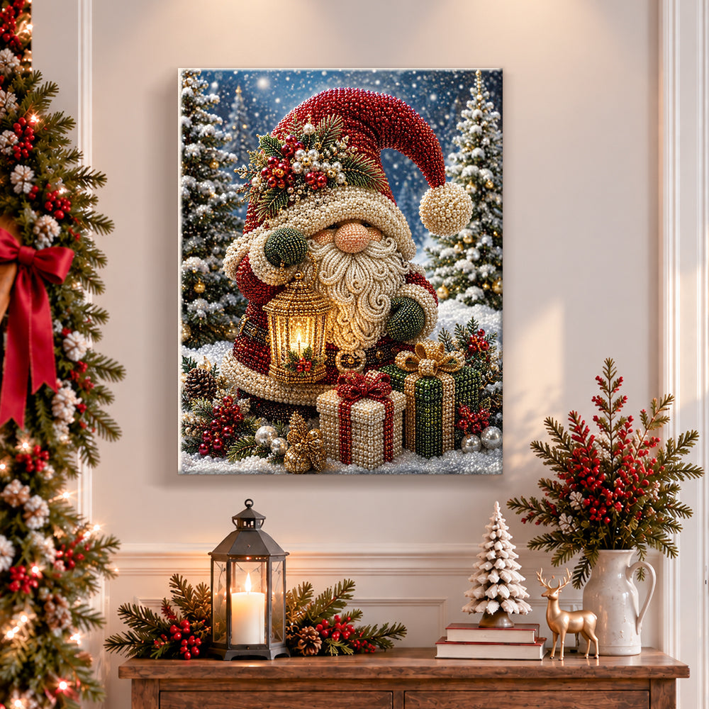 Finished christmas gnome with lit lantern pearl diamond painting artwork displayed as holiday home decor
