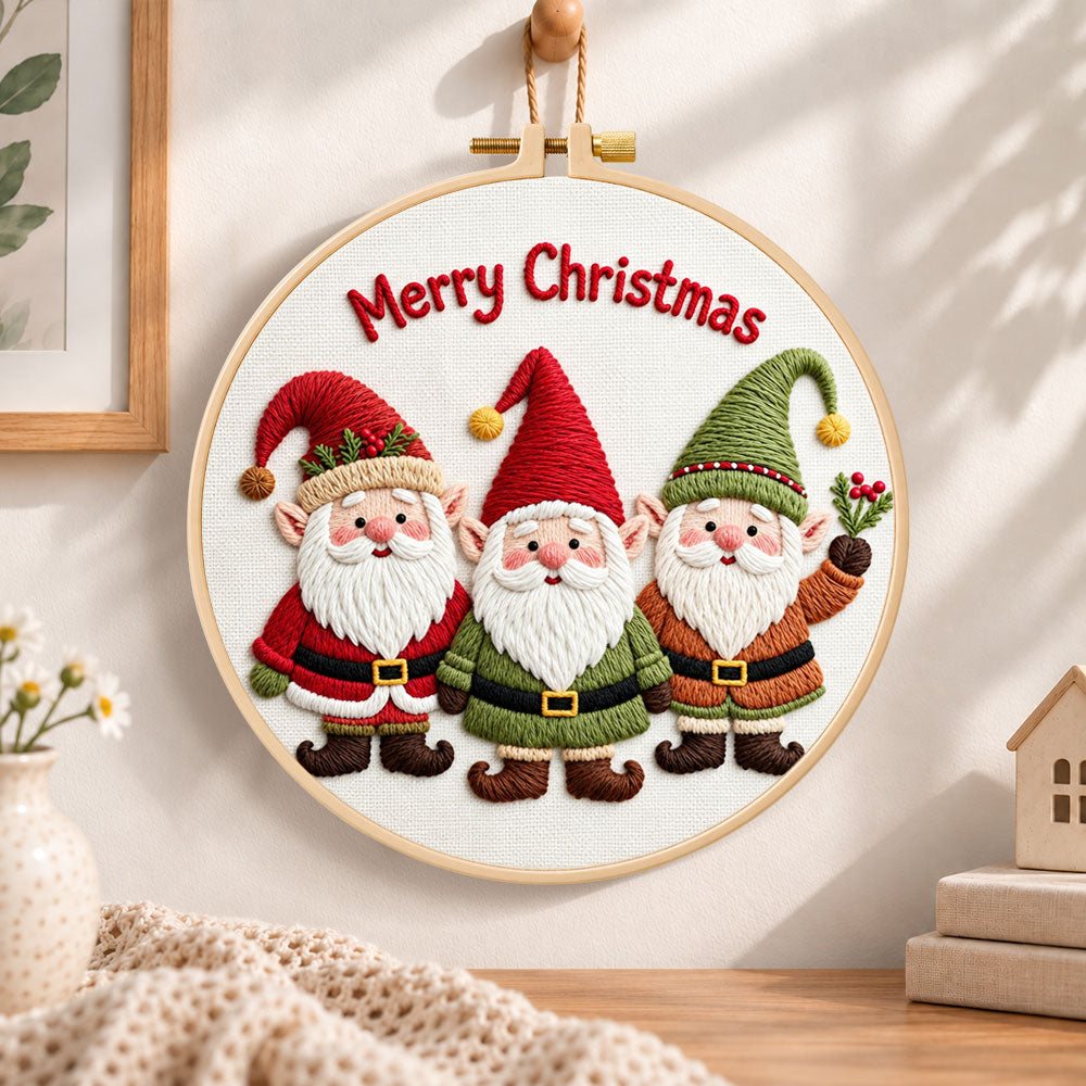 Christmas gnomes trio embroidery hoop wall art displayed as warm and cozy handmade home decor