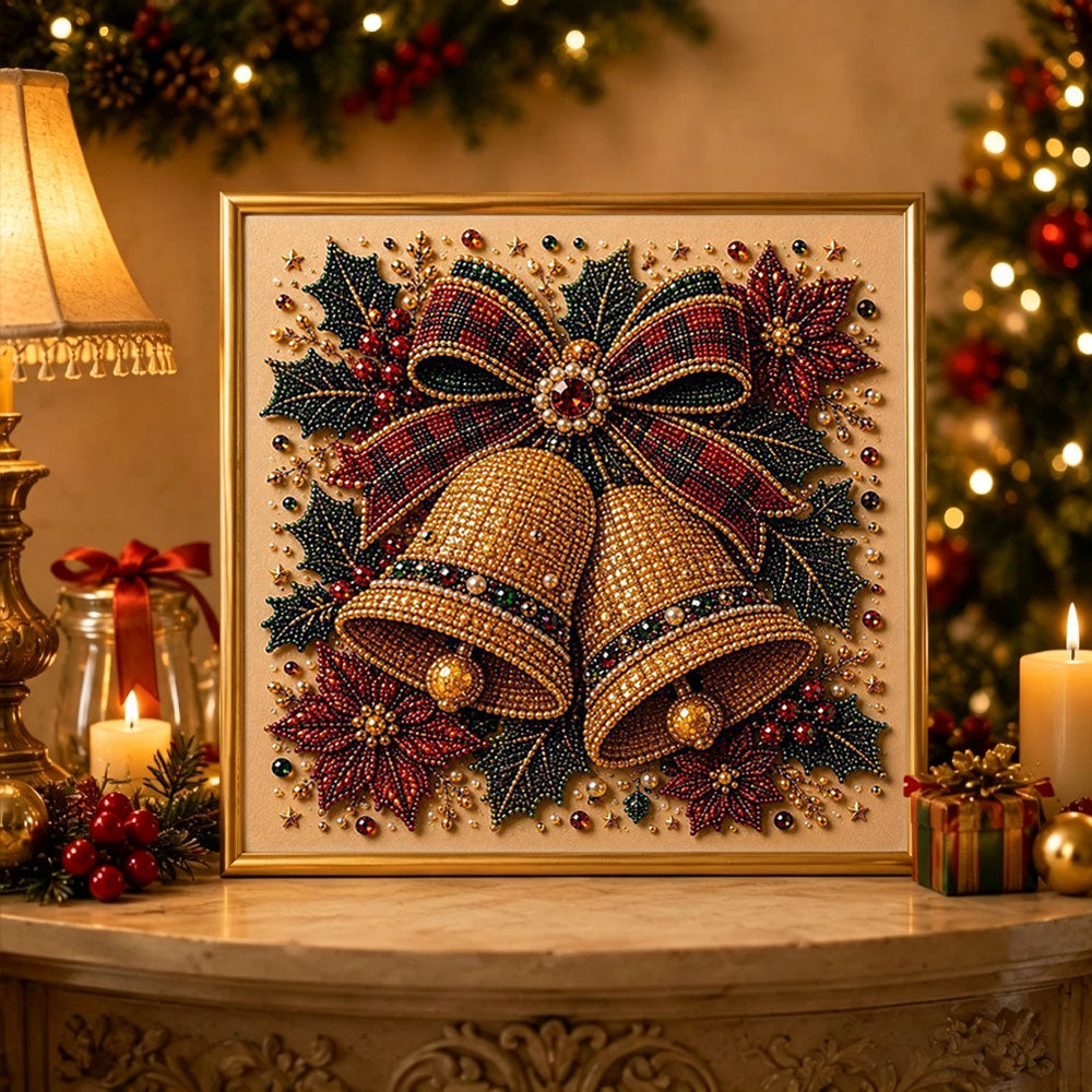 Finished christmas golden bells pearl diamond painting artwork displayed as holiday home decor