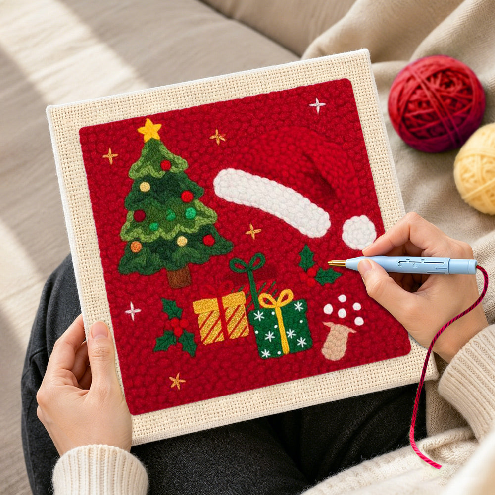 Creating handmade christmas hat and gifts punch needle artwork