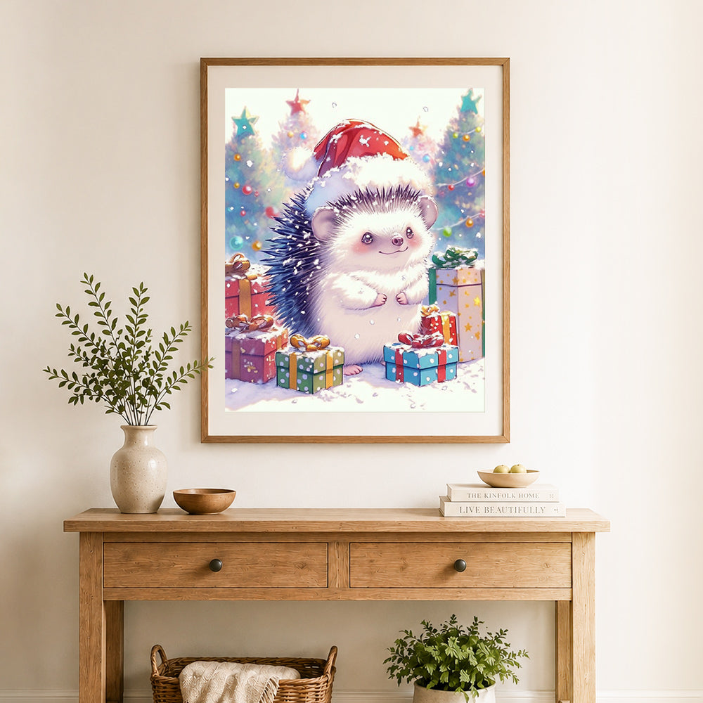 Finished christmas hedgehog cross stitch artwork displayed as home decor