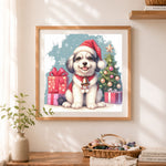 Finished christmas holiday puppy cross stitch artwork displayed as home decor