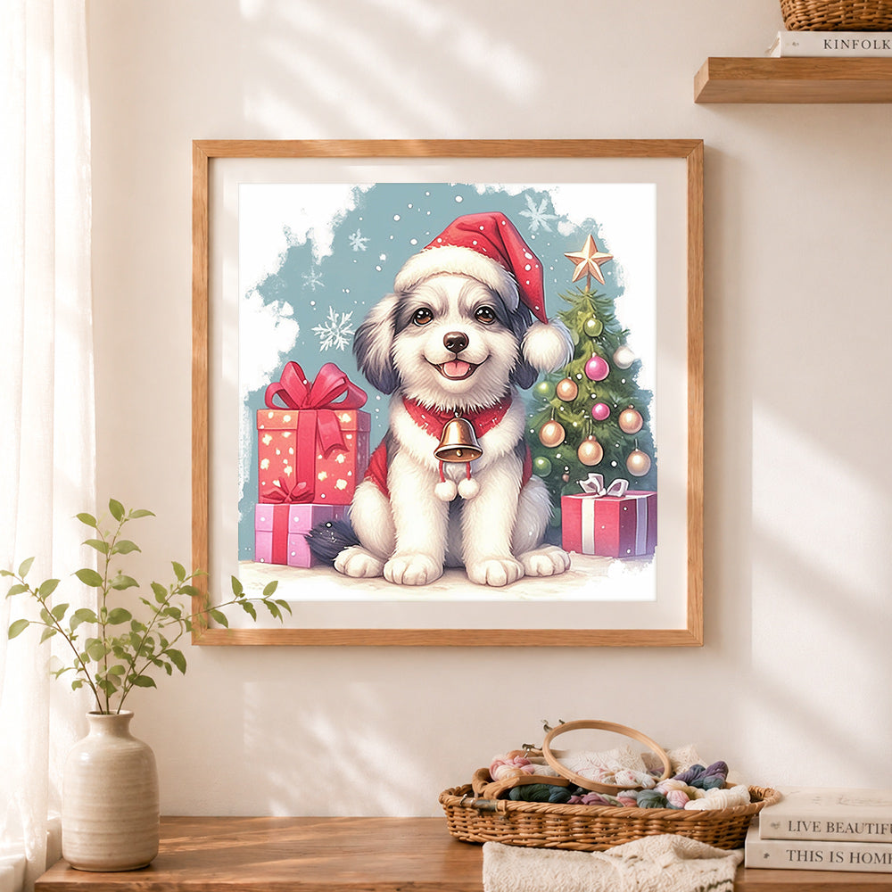 Finished christmas holiday puppy cross stitch artwork displayed as home decor