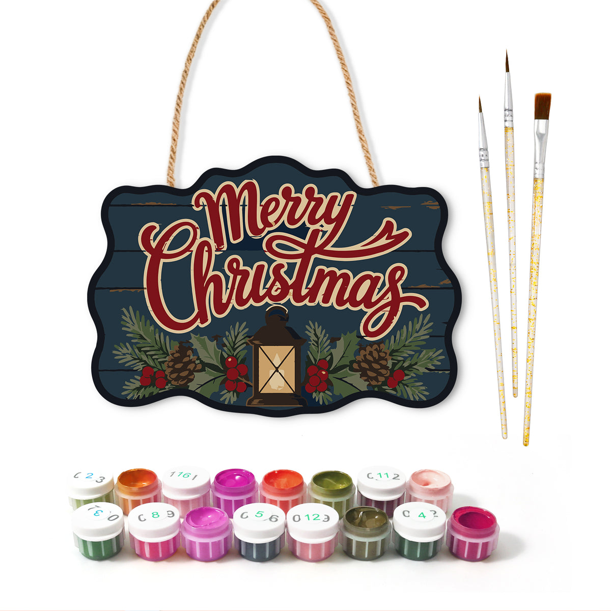 Christmas lantern decor paint by numbers door hanger with paints and brushes