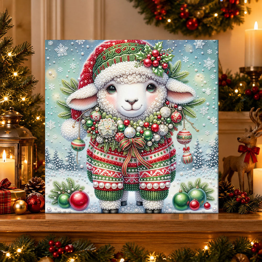 Finished christmas little lamb pearl diamond painting artwork displayed as holiday home decor