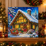 Finished christmas log cabin with fox pearl diamond painting artwork displayed as holiday home decor